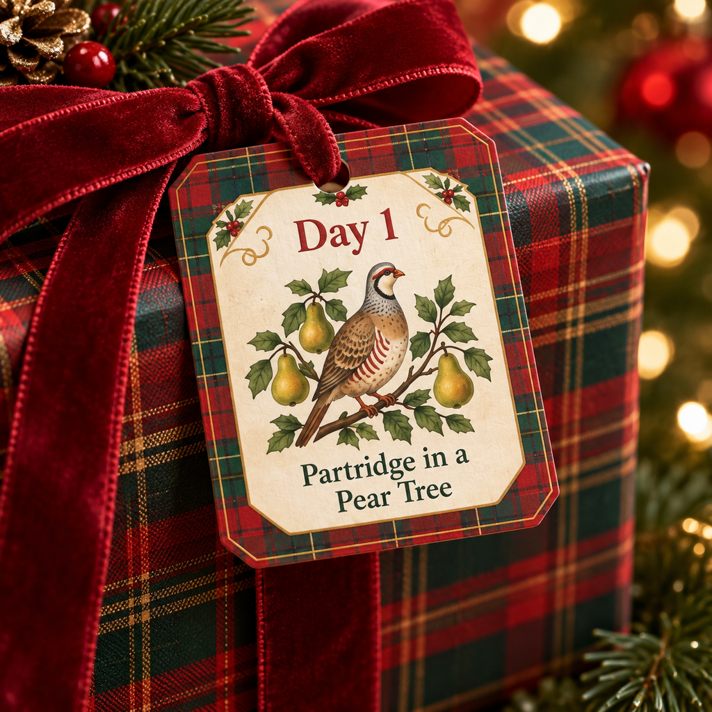 Close-up of Day 1 Partridge in a Pear Tree gift tag tied with red velvet ribbon on a tartan wrapped present