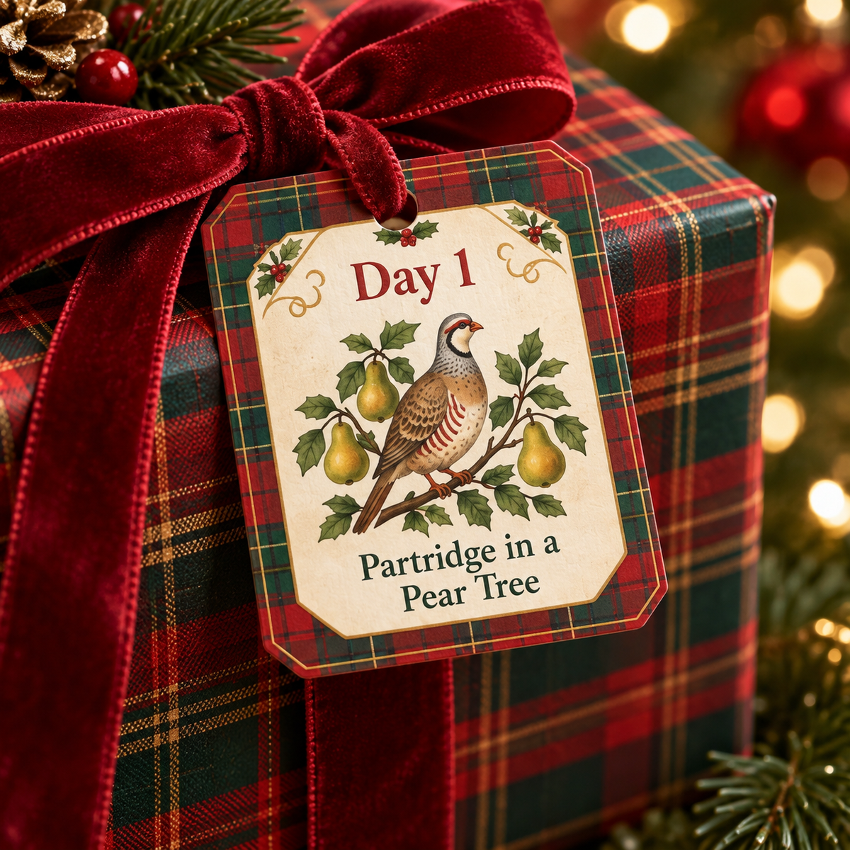 Close-up of Day 1 Partridge in a Pear Tree gift tag tied with red velvet ribbon on a tartan wrapped present