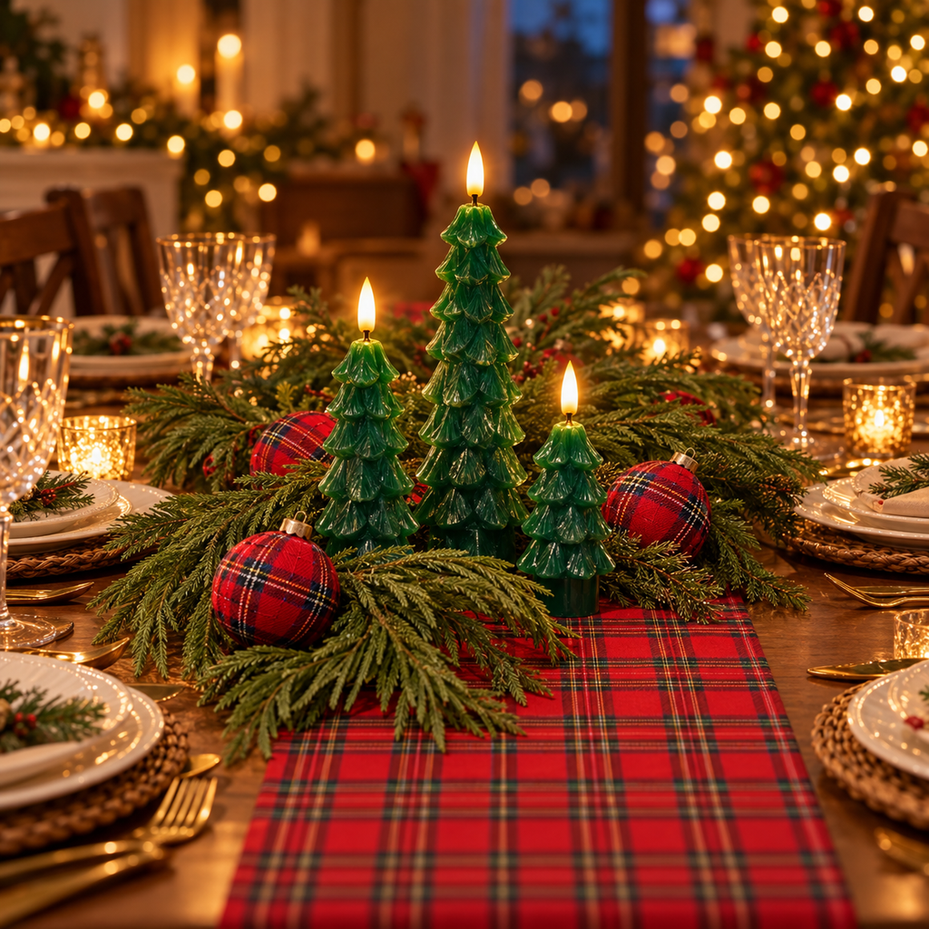 Green Christmas tree LED candles glowing on a red tartan table runner with pine and tartan ornaments at a holiday dinner table