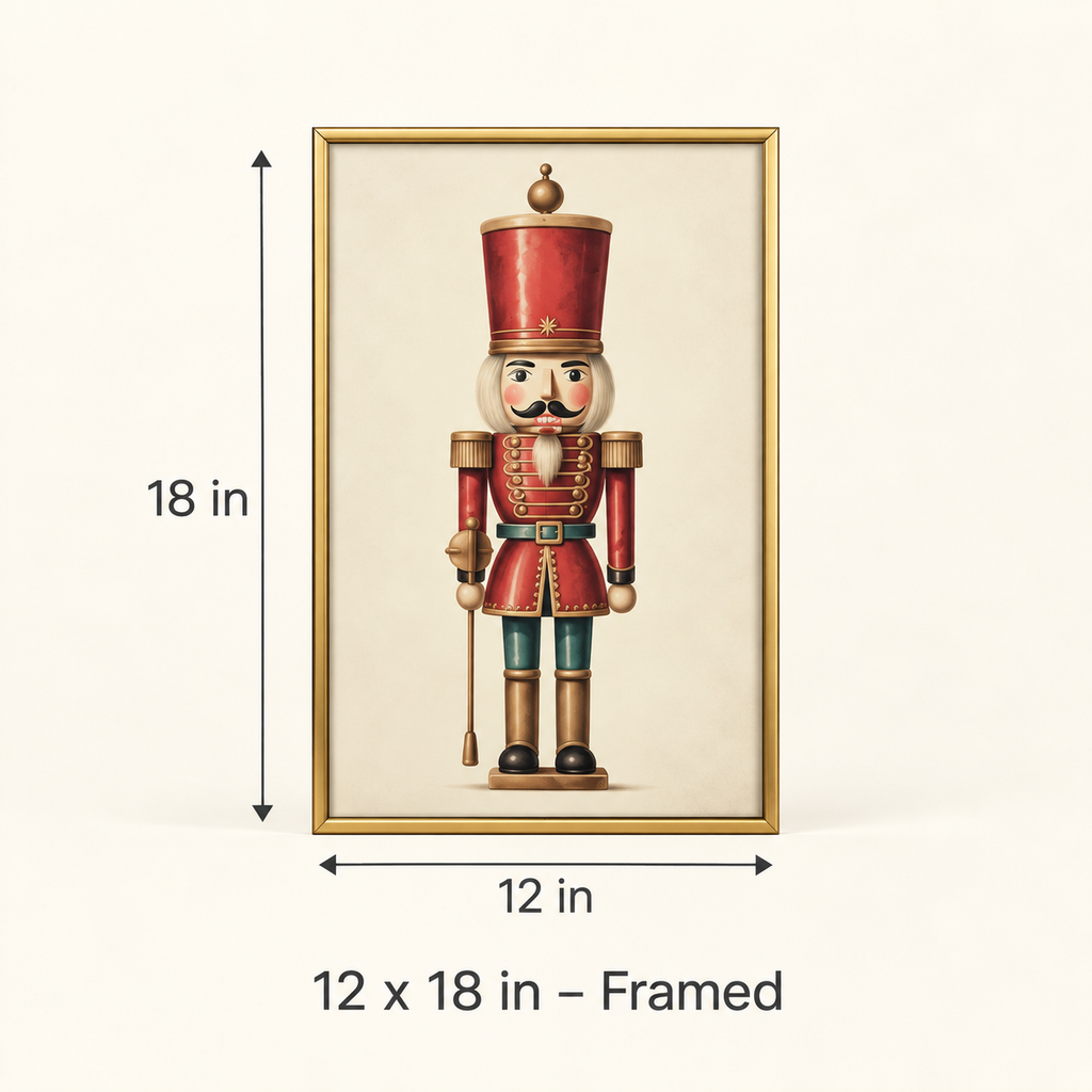 Classic Red nutcracker print, 12 x 18 in framed size guide