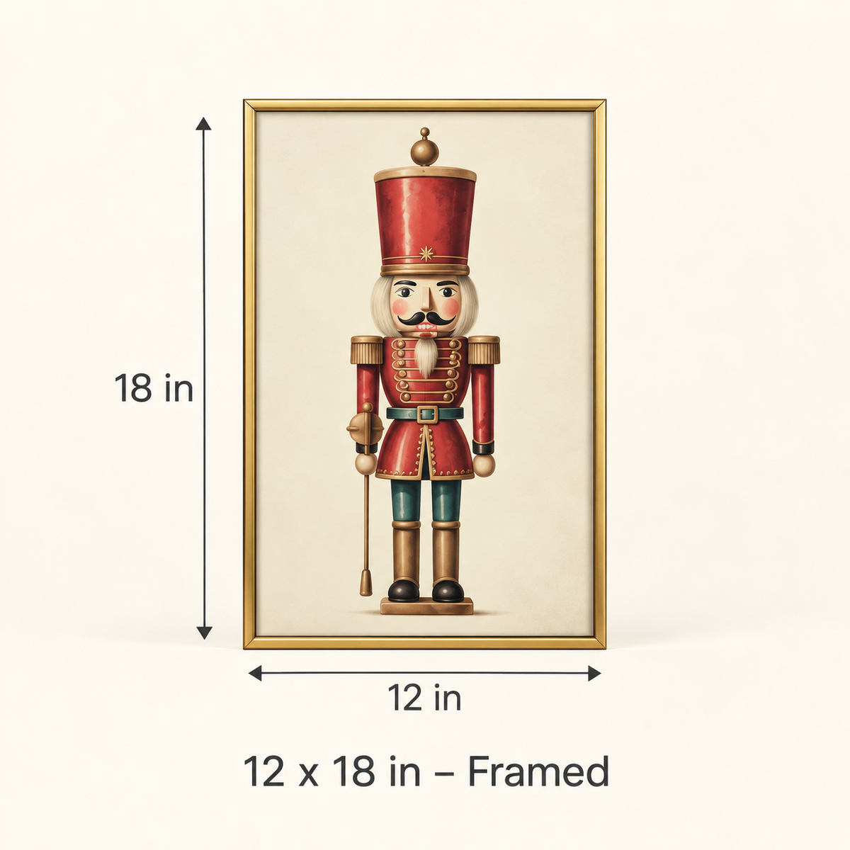 Classic Red nutcracker print, 12 x 18 in framed size guide