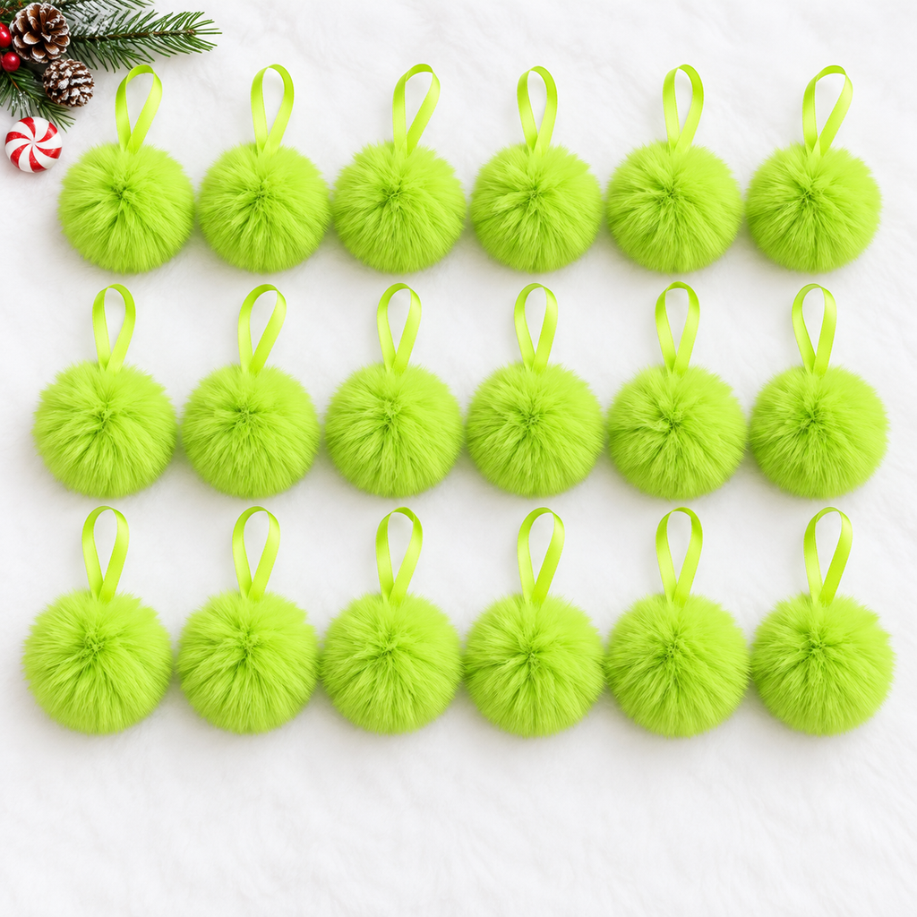 24 pack of fuzzy lime green pom-pom Christmas ornaments with ribbon loops