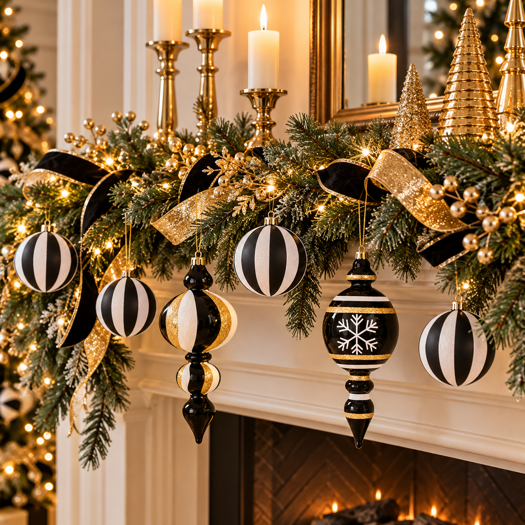 Fireplace mantel with pine garland, gold candlesticks, black and white striped ball ornaments and a hanging snowflake finial ornament
