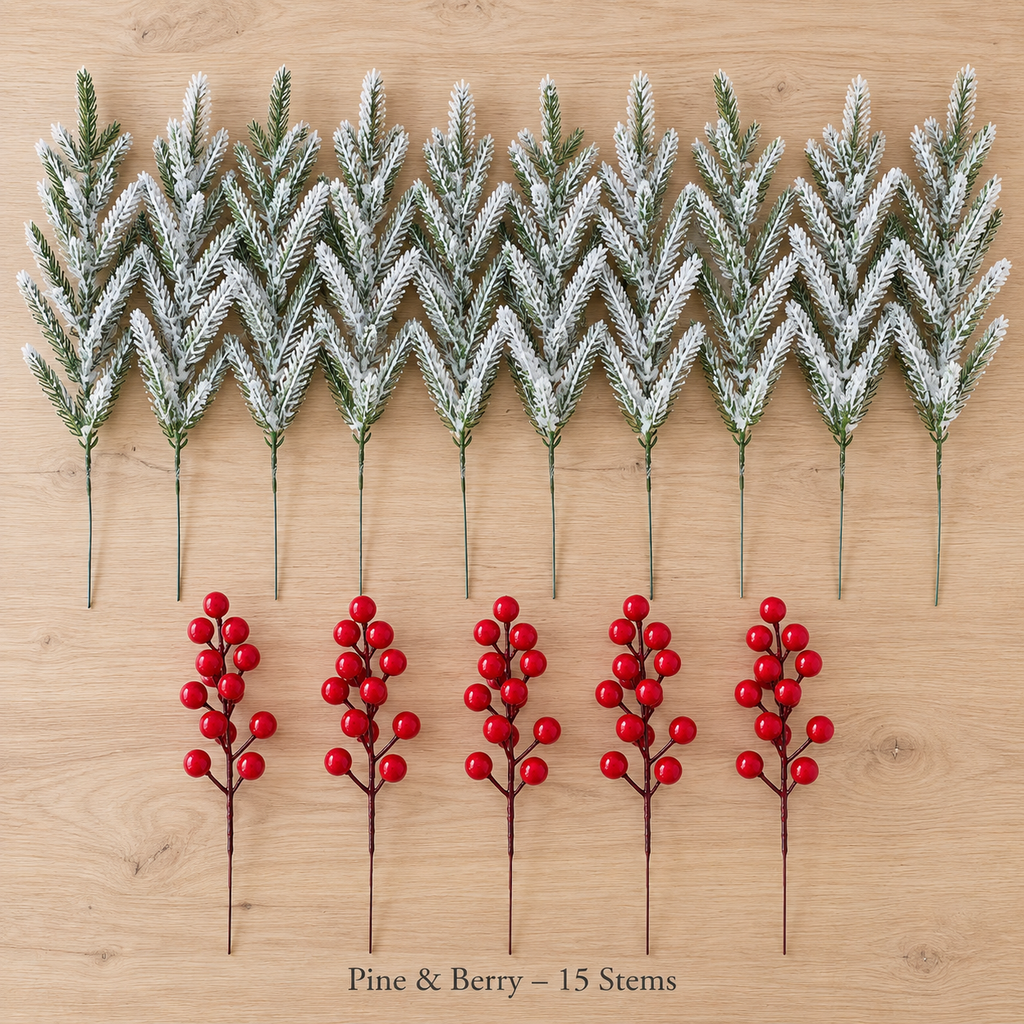 Pine and Berry set: 10 frosted Norfolk pine stems and 5 red berry stems