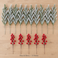 Pine and Berry set: 10 frosted Norfolk pine stems and 5 red berry stems