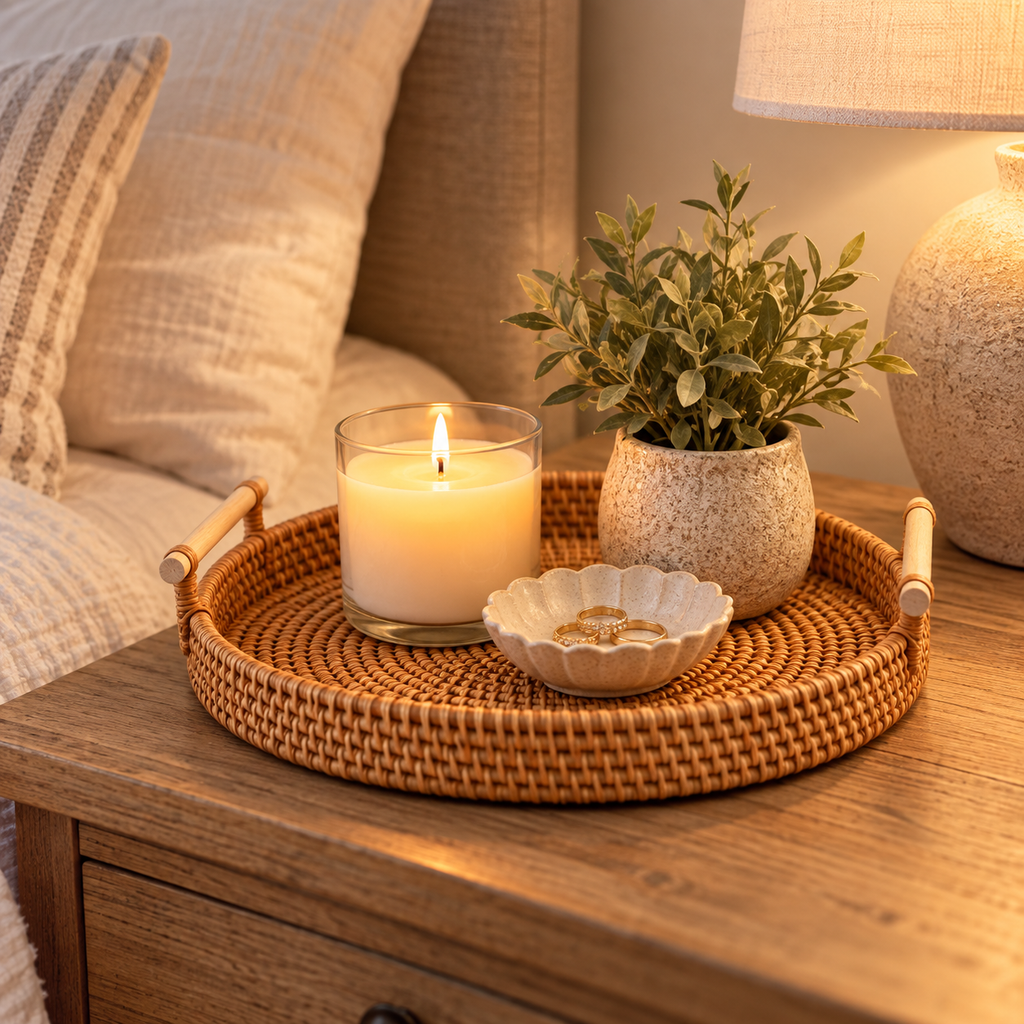 Small rattan tray on a nightstand with a candle, ring dish and small plant