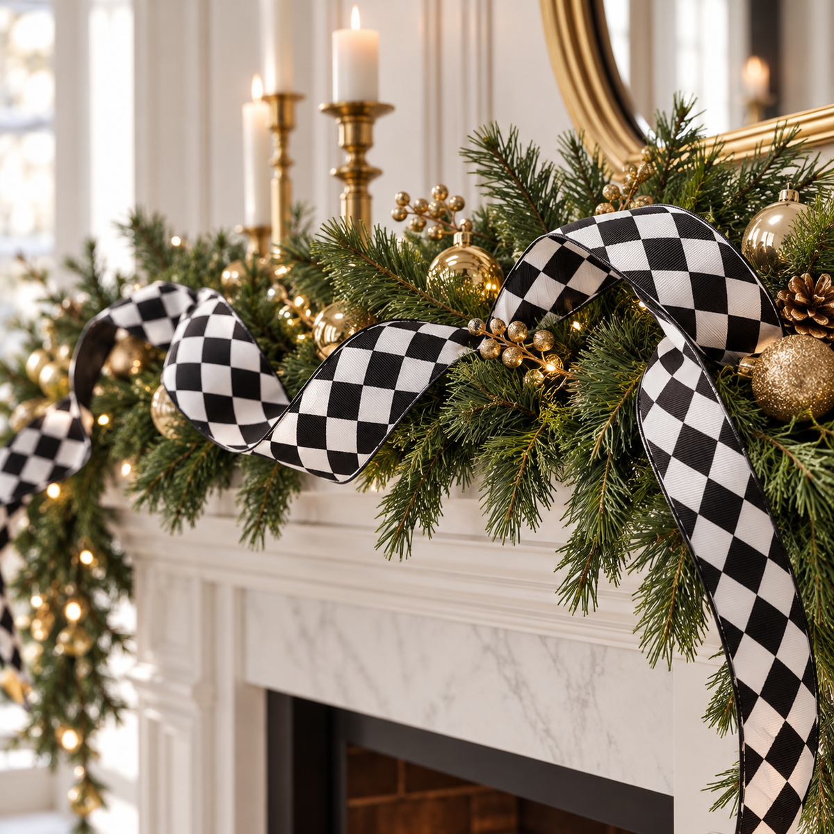 Black and white harlequin diamond ribbon draped through pine garland on a white fireplace mantel with gold candlesticks and ornaments