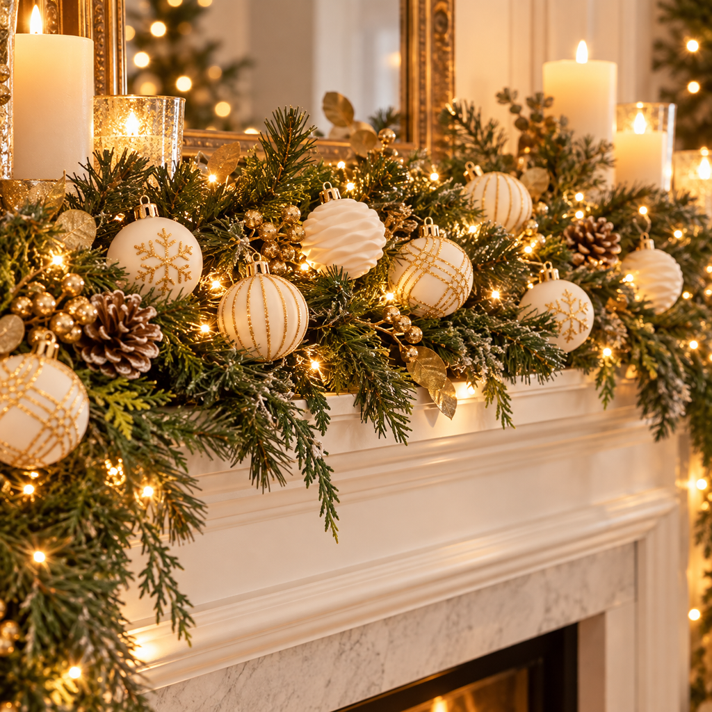 White and gold velvet ornaments tucked into a fireplace mantel garland