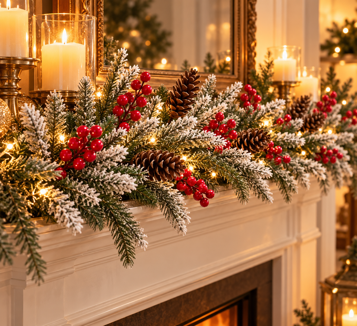 Frosted pine, red berry and pinecone stems layered along a fireplace mantel with candles