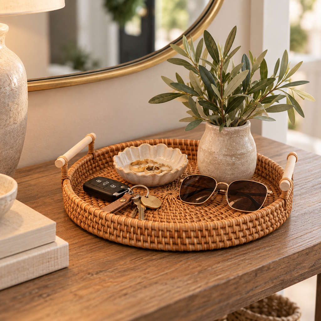 Small rattan tray on an entryway console holding keys, sunglasses and a jewelry dish