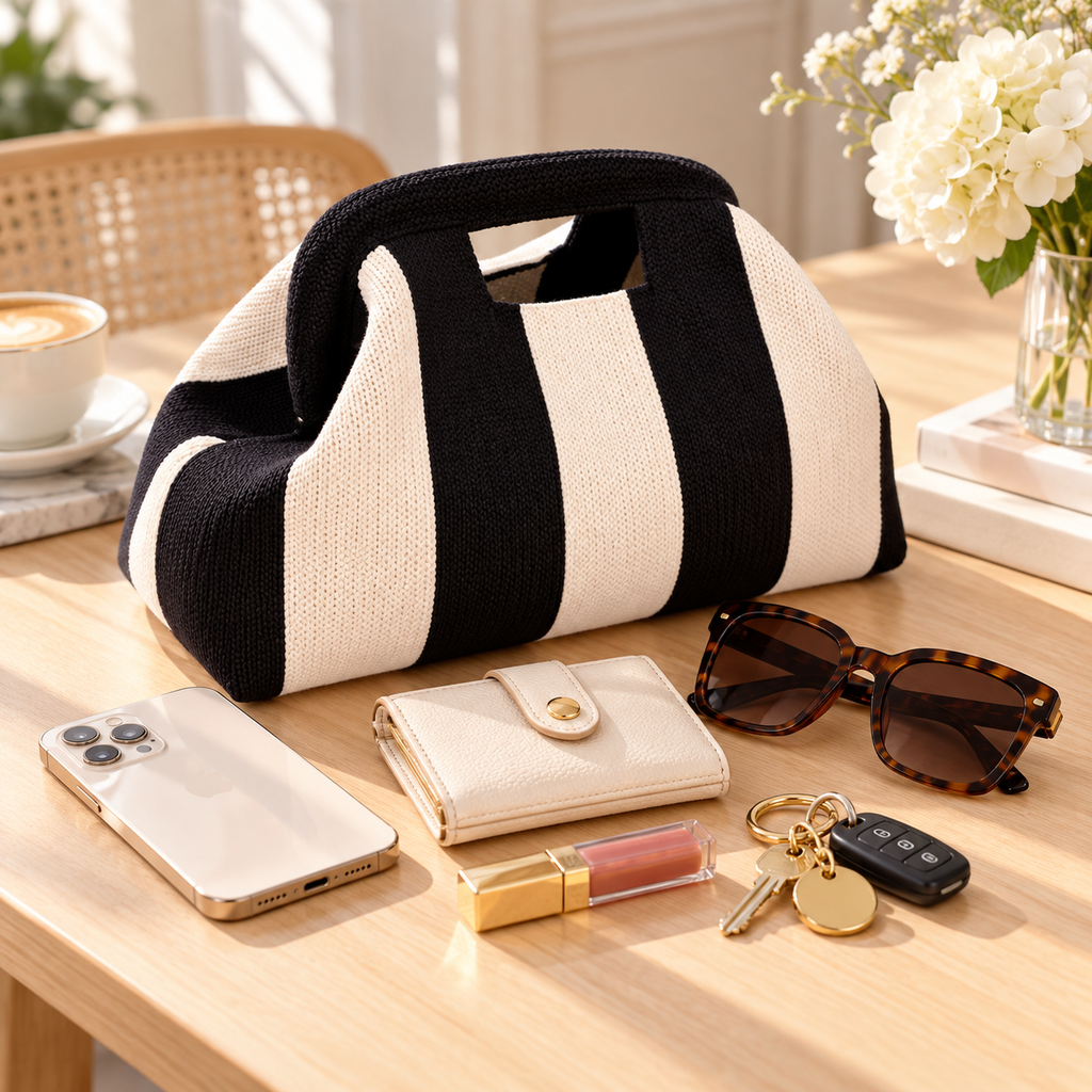 Black and cream striped knit handbag on a wood table with a phone, wallet, sunglasses, lipstick and keys