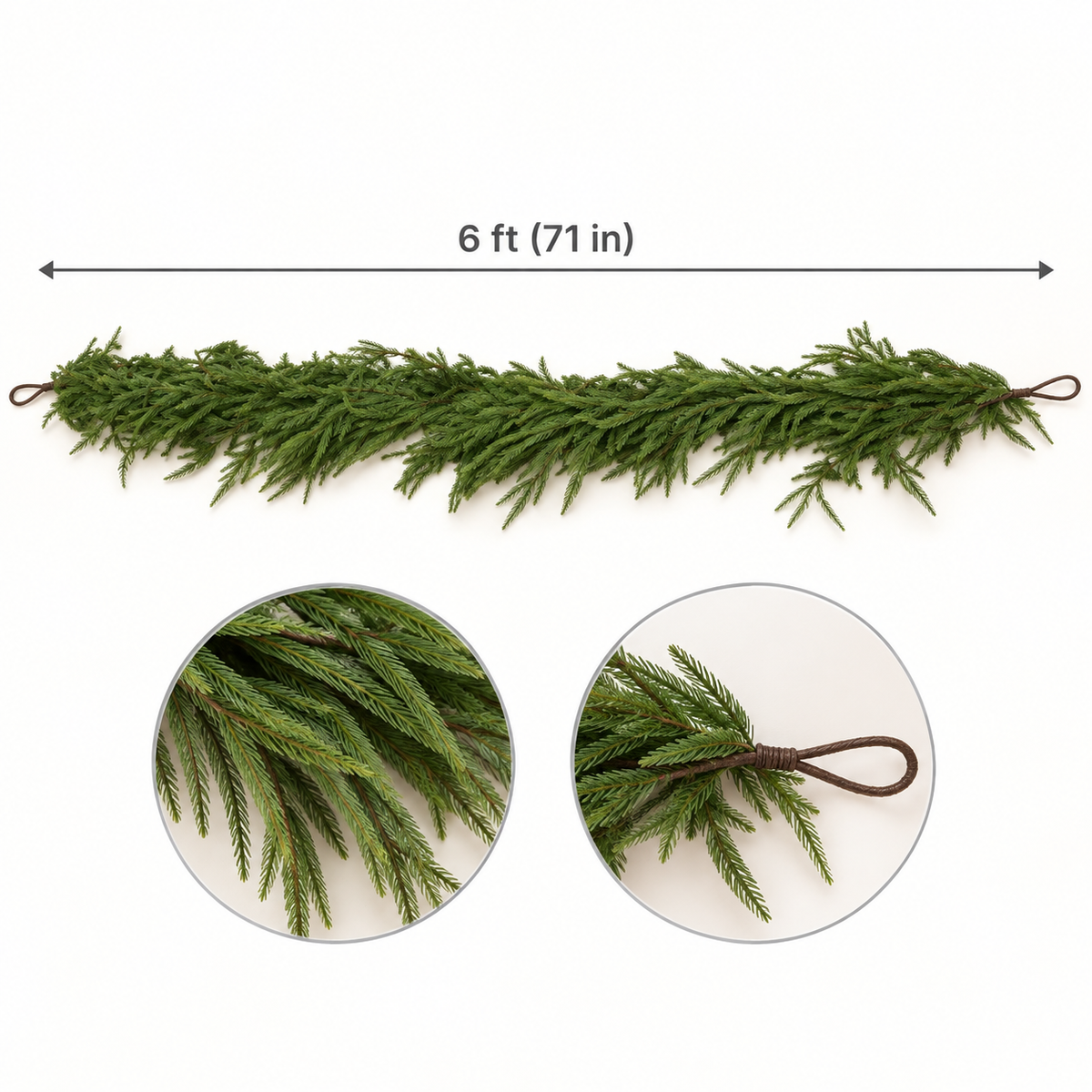 Norfolk pine garland size guide, 6 ft (71 in), with needle and hanging loop details