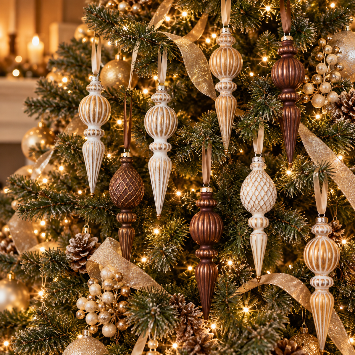 Vintage cream, gold and brown finial Christmas ornaments hanging on a lit Christmas tree