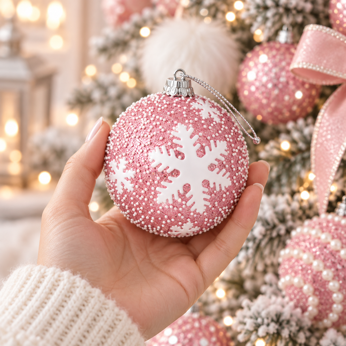 Hand holding a pink glitter snowflake Christmas ornament to show its 3.1 inch size