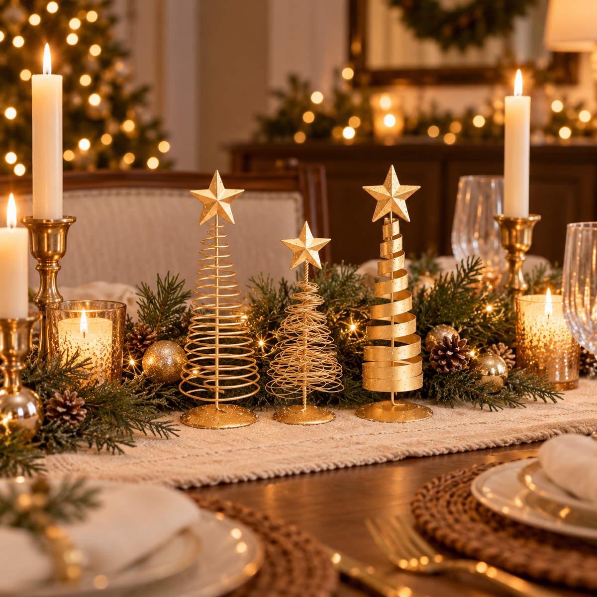 Gold metal Christmas trees as a dining table centerpiece with greenery and candles