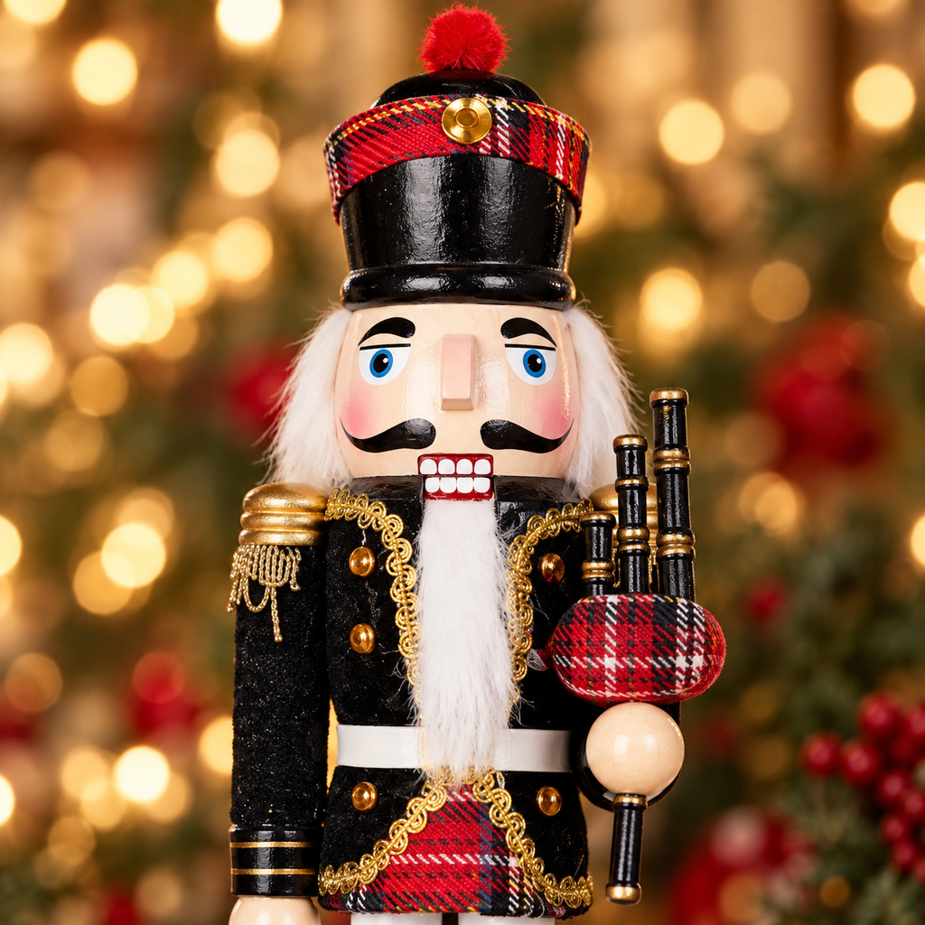 Close-up of the hand-painted bagpiper nutcracker showing the white beard, black hat with red tartan band, gold epaulettes and tartan bagpipes
