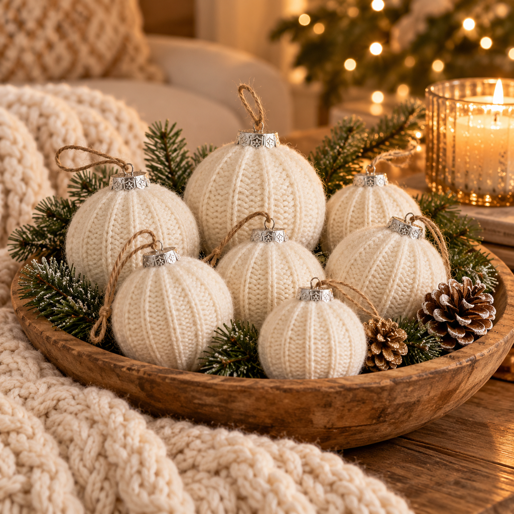 Cream knit Christmas ornaments in a wooden bowl with a knit throw and candle