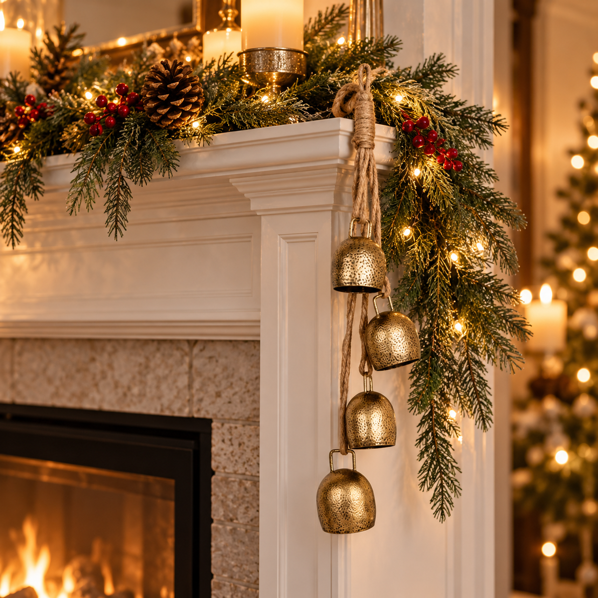 Gold bell hanger draped from a Christmas mantel garland with candles