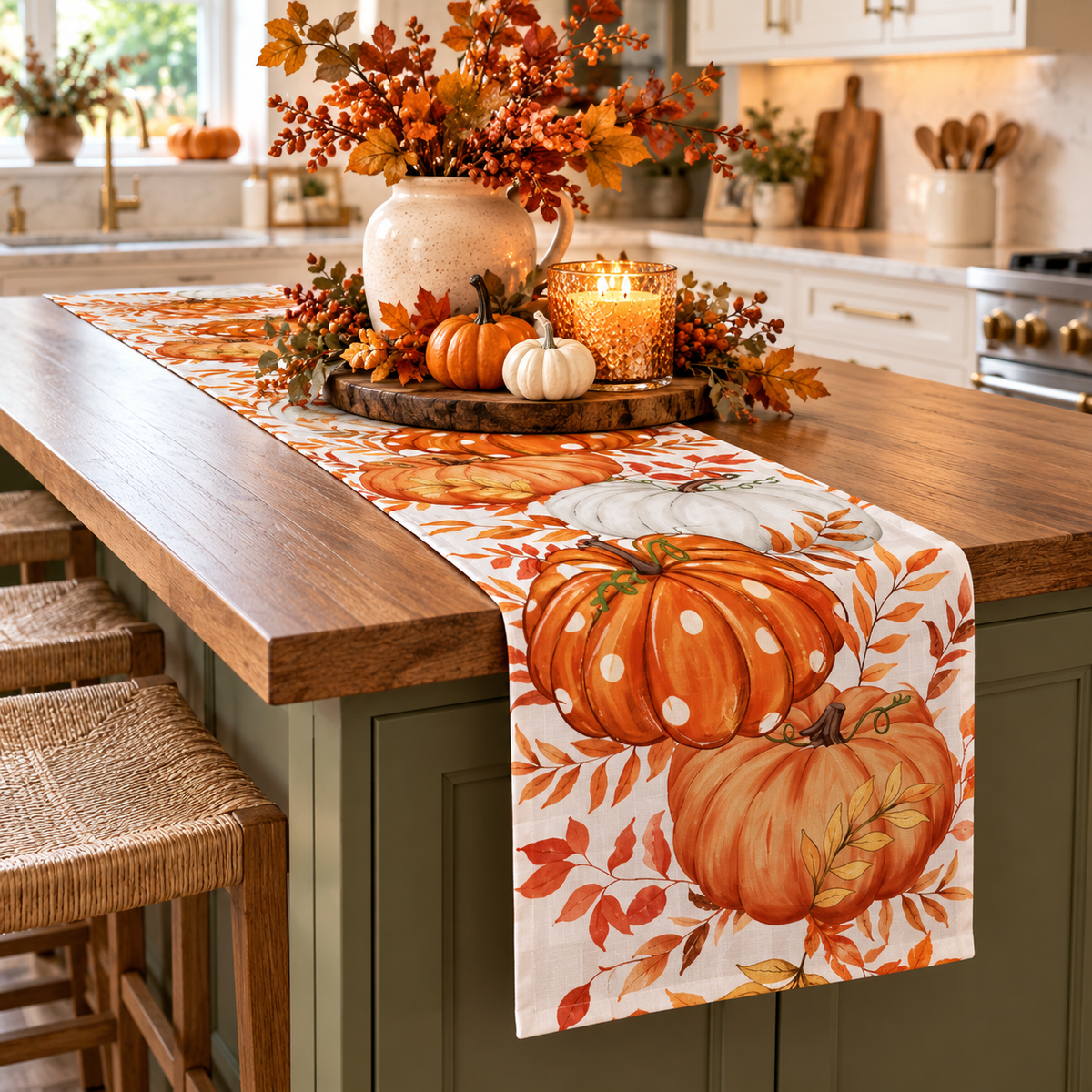 Fall pumpkin table runner styled for a Thanksgiving table