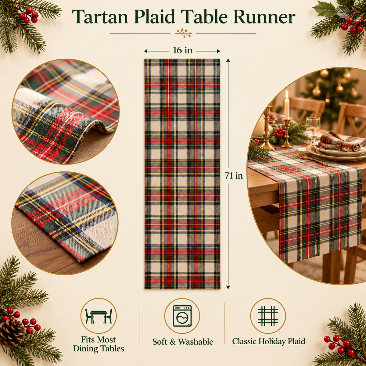 Tartan plaid table runner, 16 x 71 inches, with size and product details