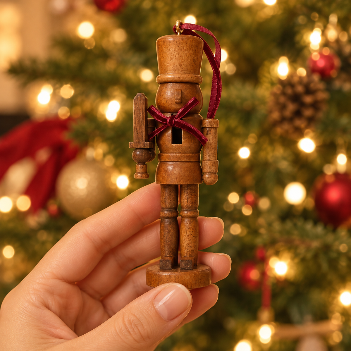 Hand holding a 5 inch wooden nutcracker ornament in front of a Christmas tree