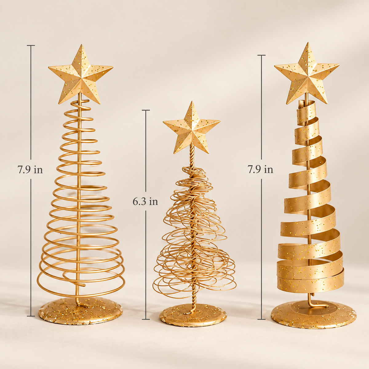 Size chart: gold tabletop Christmas trees measure 7.9, 6.3 and 7.9 inches tall