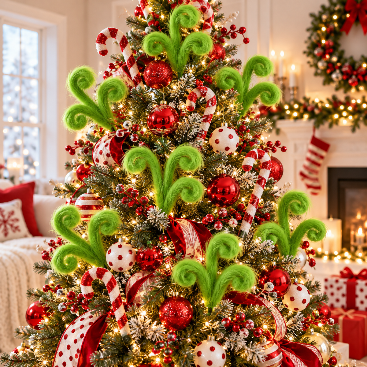 Whimsical Christmas tree decorated with fuzzy lime green curly faux fur picks, candy canes and red ornaments
