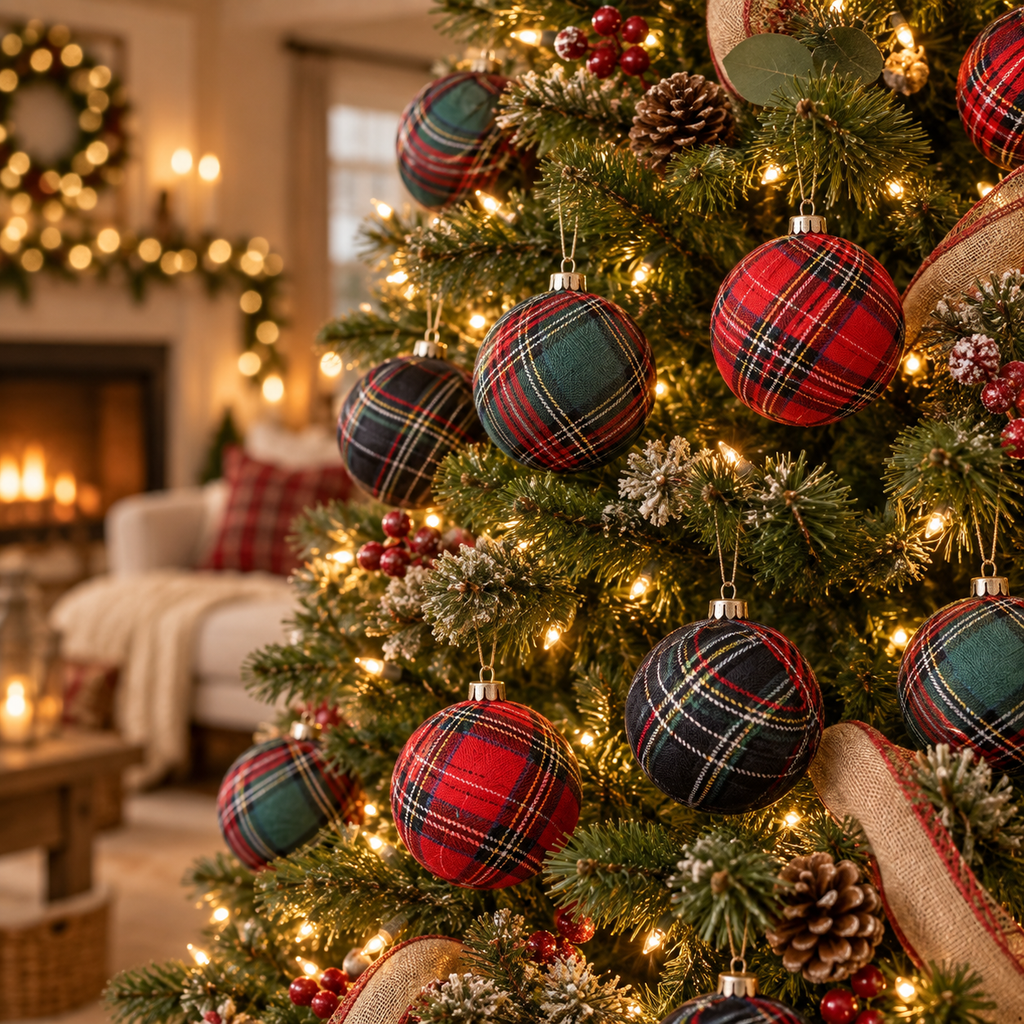 Red tartan, Black Watch and green plaid fabric Christmas ball ornaments on a lit Christmas tree in a cozy farmhouse living room