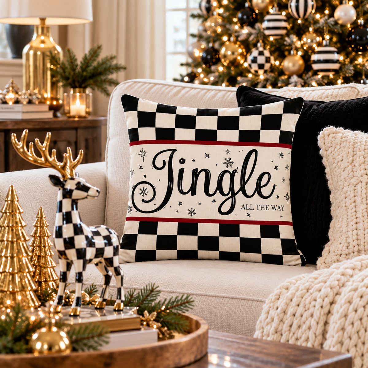 Jingle All the Way checkered pillow cover on a sofa with a black and white checkered deer figurine and gold tabletop trees in front