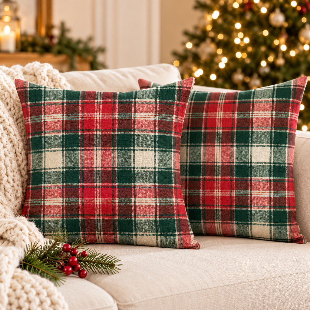 Classic Red, Green & White Plaid Christmas pillow covers, set of 2, on a cream sofa