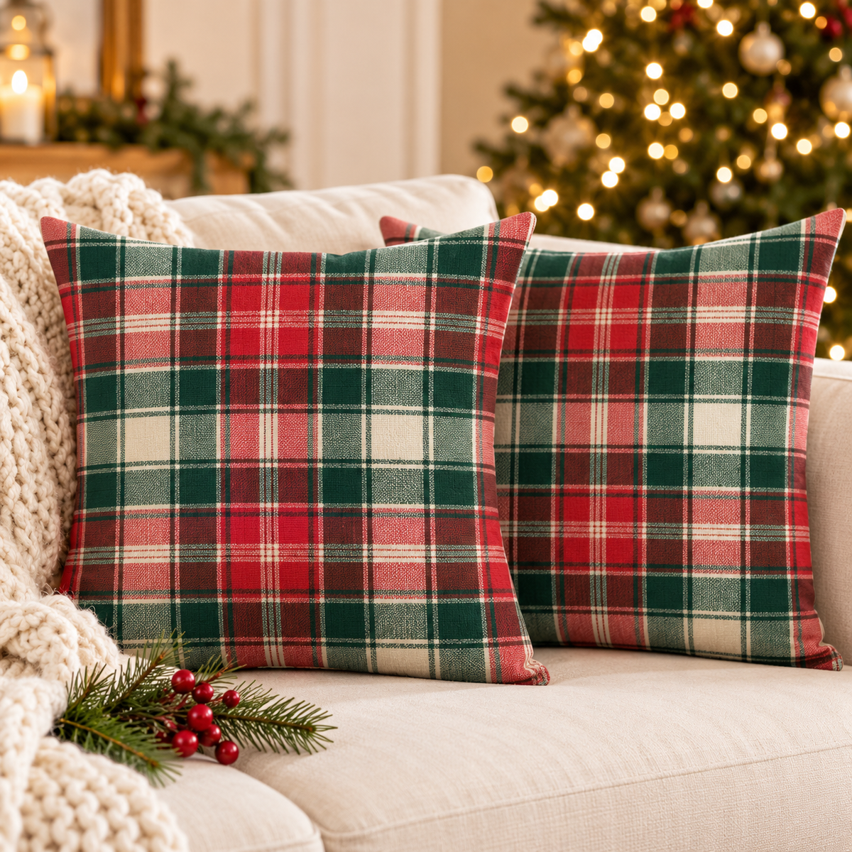Classic Red, Green & White Plaid Christmas pillow covers, set of 2, on a cream sofa