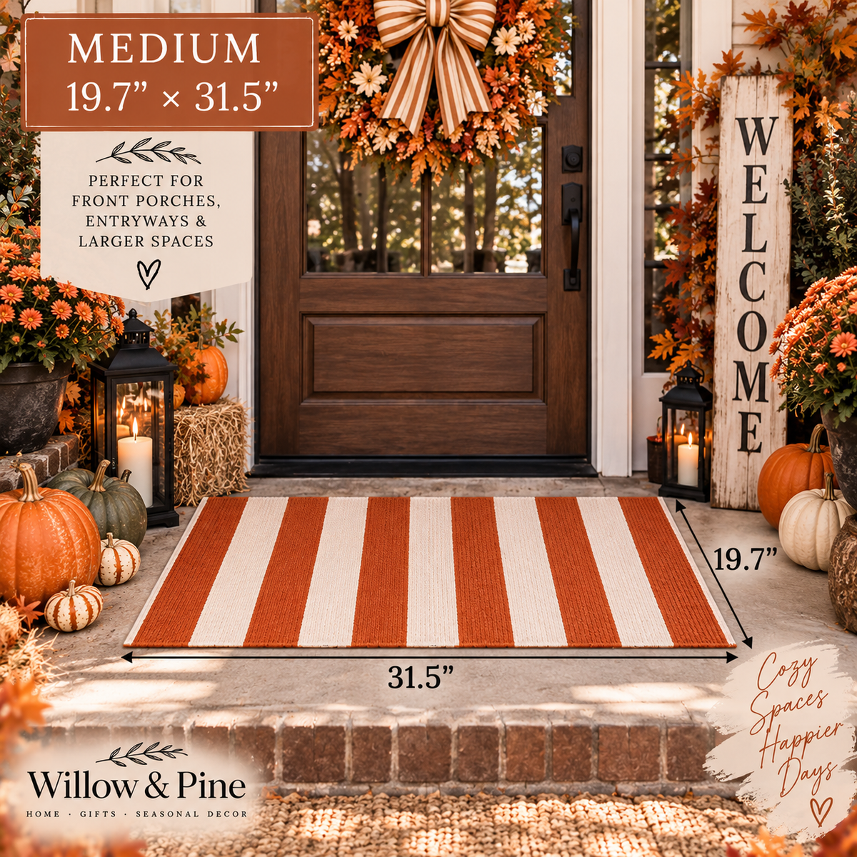 A striped outdoor doormat in rust orange and cream is shown on a front porch with autumn decorations, pumpkins, lanterns, a wreath, and a tall wooden welcome sign. Measurement labels indicate the mat is 19.