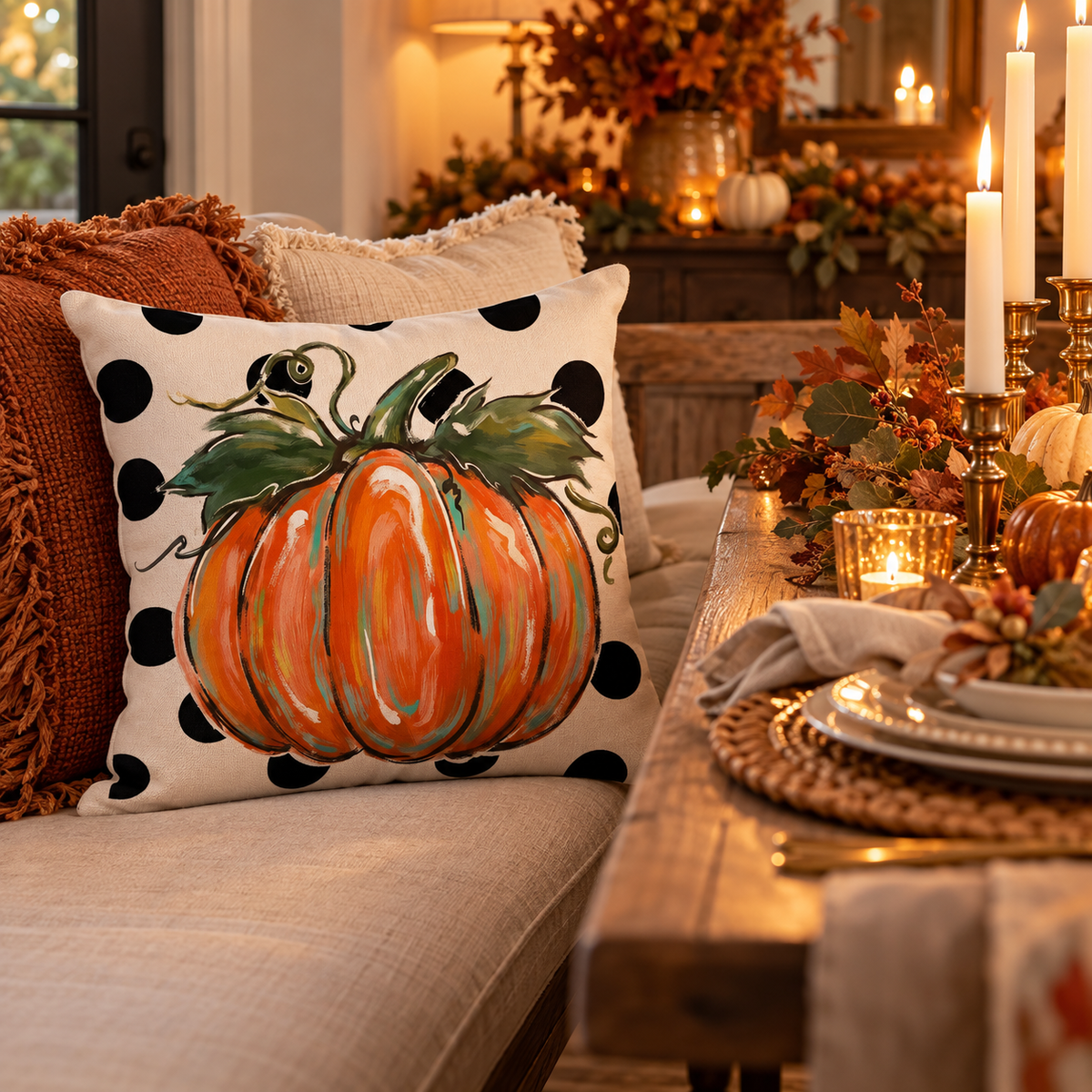 Polka dot pumpkin pillow on a dining bench beside a candlelit Thanksgiving table