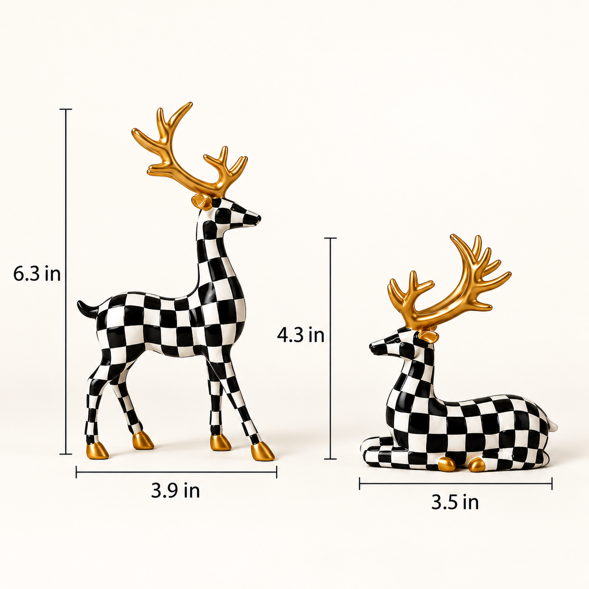 Checkered deer figurines size chart: standing deer 6.3 in tall and 3.9 in long, resting deer 4.3 in tall and 3.5 in long