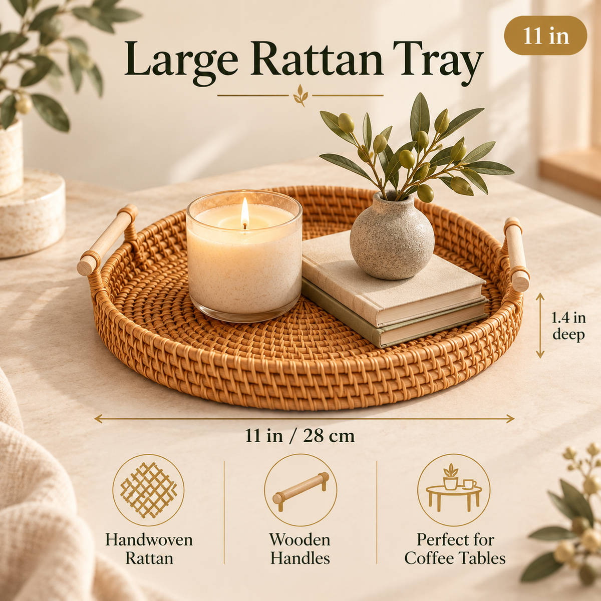 Large 11 inch rattan tray with size and product details