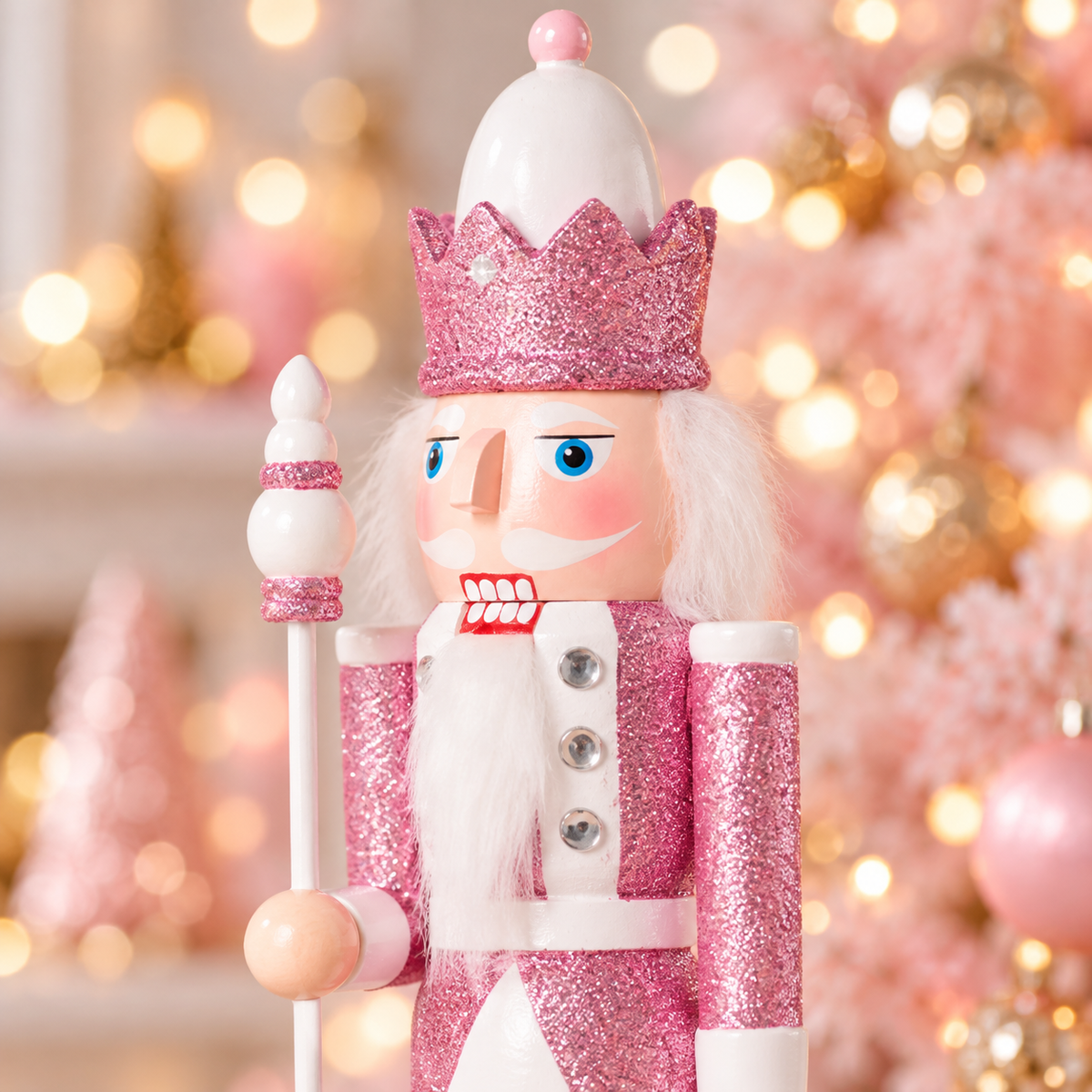 Close-up of the pink glitter nutcracker with scepter showing the hand-painted face, white beard and sparkling pink crown