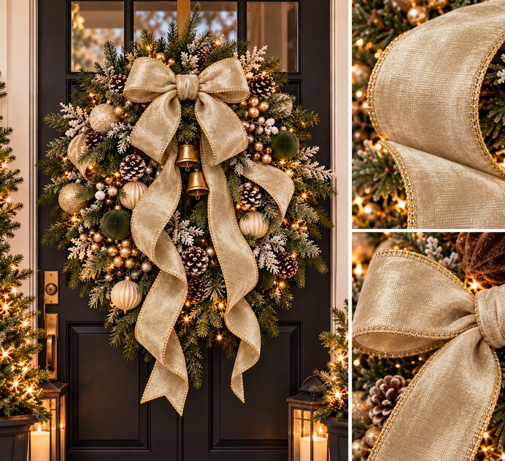 Front door wreath with a large champagne gold ribbon bow