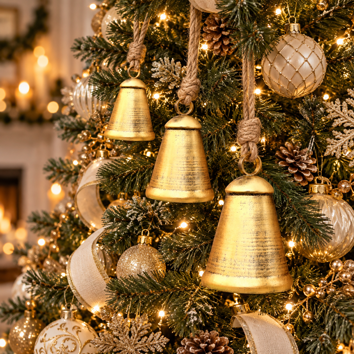 Vintage gold bells hanging on a lit Christmas tree