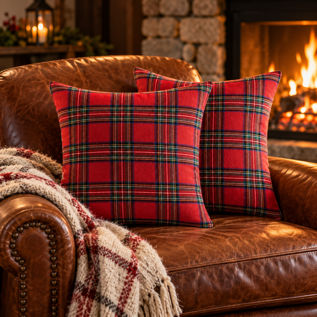 Red tartan Christmas pillow covers on a brown leather armchair beside a stone fireplace