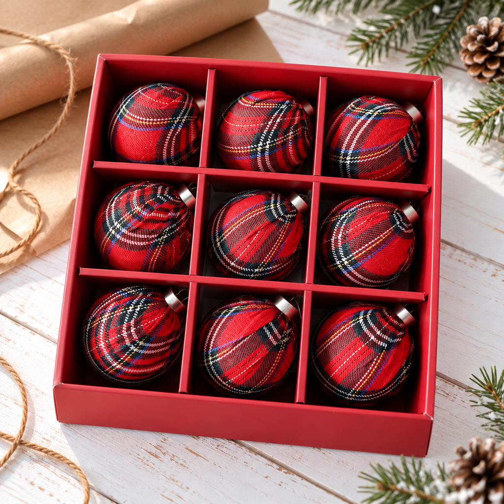 Red Tartan plaid Christmas ball ornaments, set of 9 in a red gift box