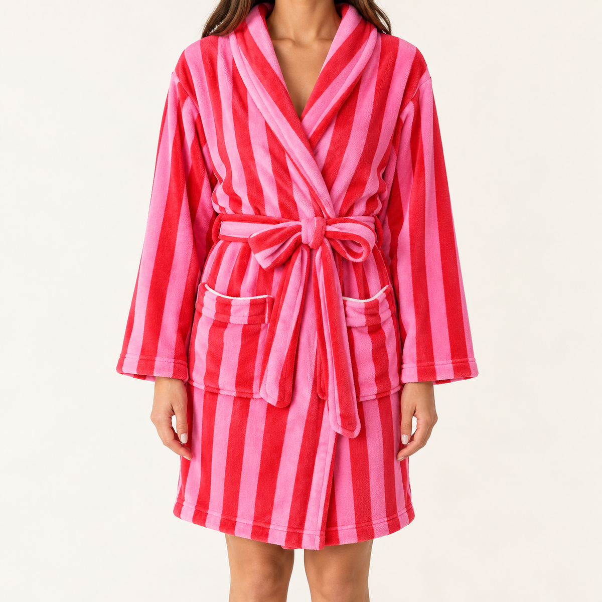 Red and pink stripe plush Christmas robe for women, front view