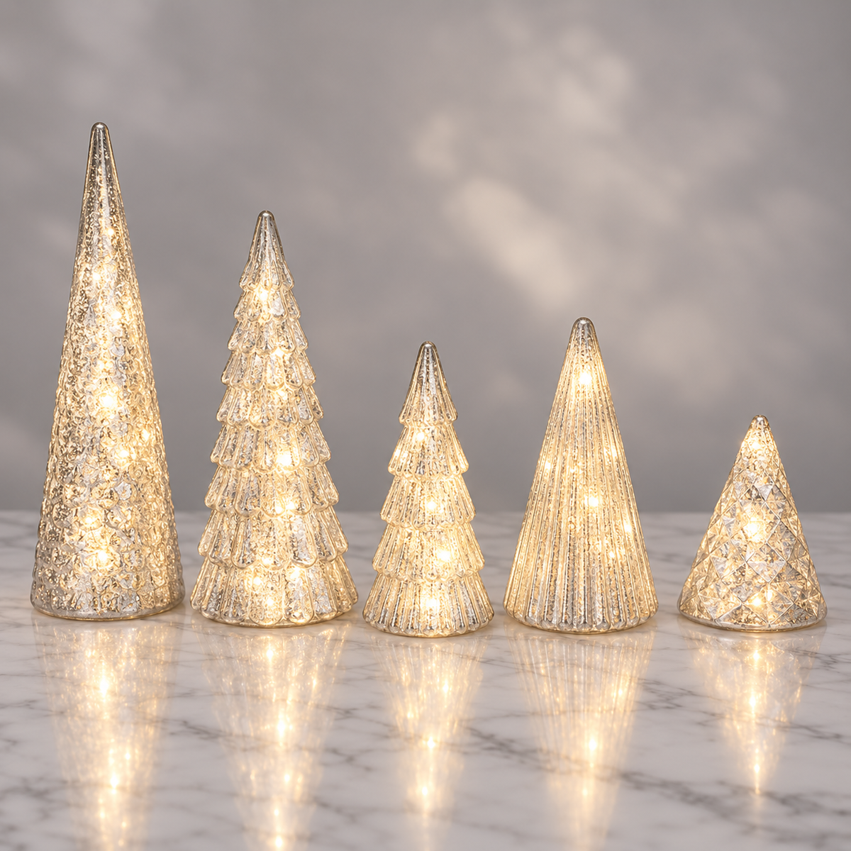 Set of 5 silver lighted tabletop Christmas trees glowing on a white marble surface