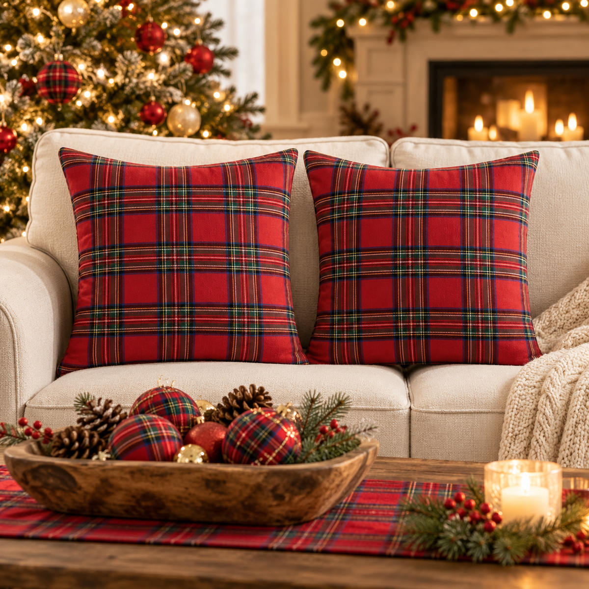 Red tartan pillow covers on a sofa with a matching tartan table runner and bowl of plaid ornaments