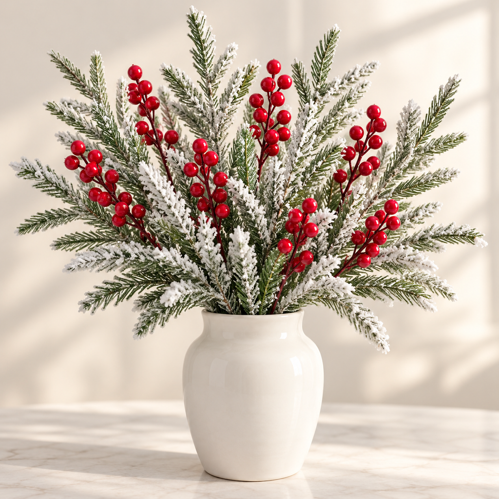 Frosted Norfolk pine and red berry stems arranged in a white ceramic vase
