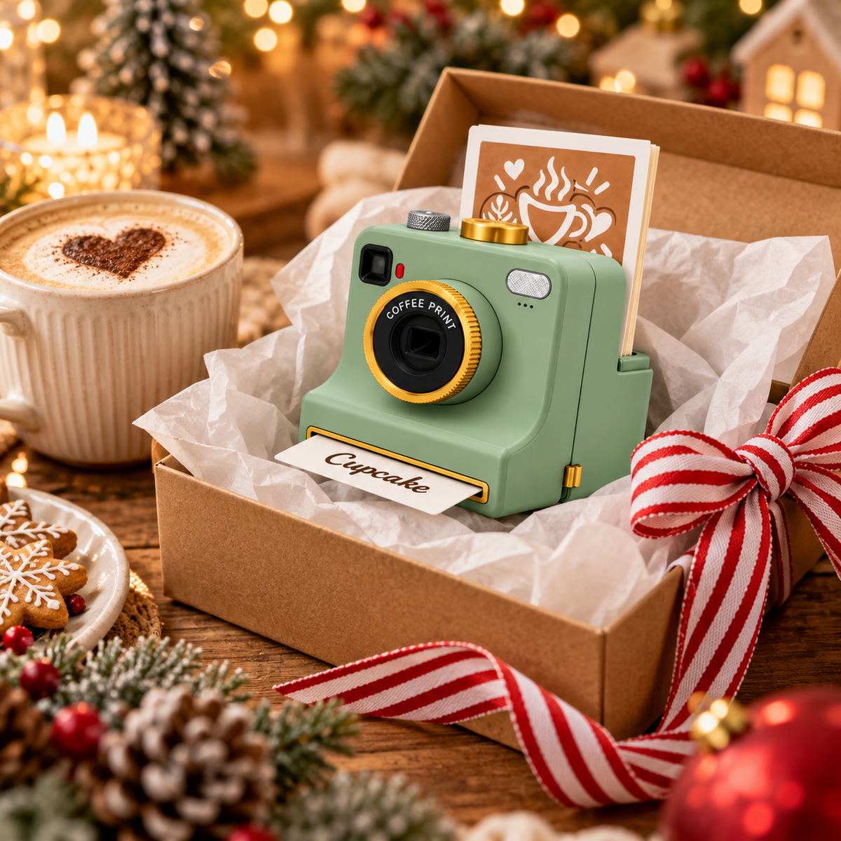 Sage green latte art stencil camera in a kraft gift box with a candy-stripe ribbon and latte