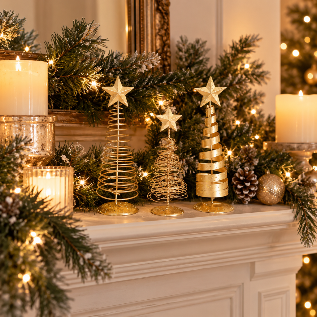 Three gold metal tabletop Christmas trees on a fireplace mantel with garland, candles and lights