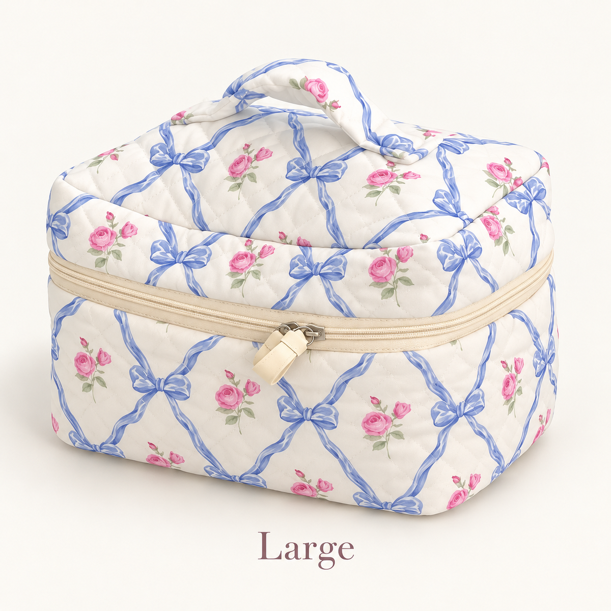 Blue bow and rose quilted makeup bag, Large box-shape case with handle