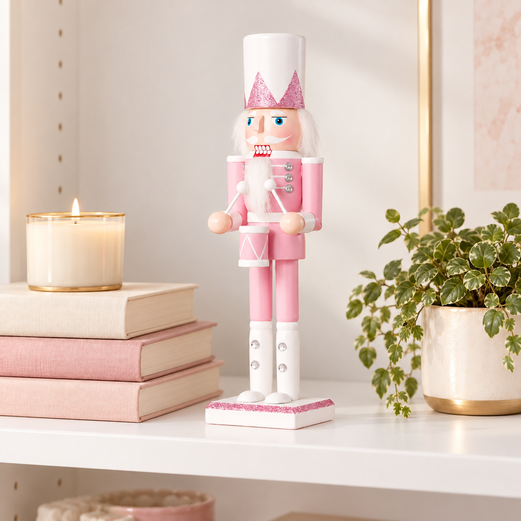 Pink and white nutcracker with drum on a white shelf beside pink books, a candle and a plant to show its 12 inch size