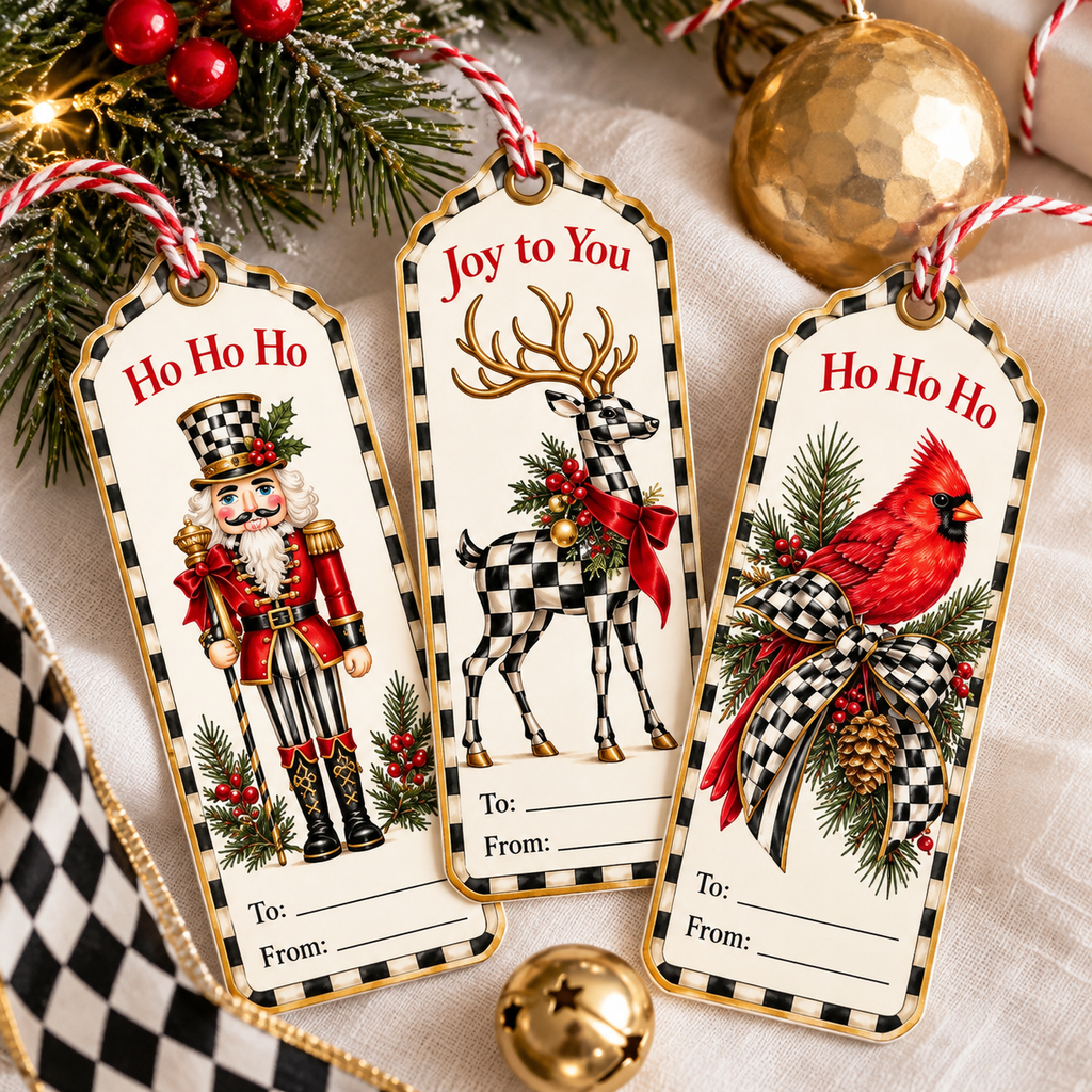 Close-up of three printable Christmas gift tags: Ho Ho Ho nutcracker, Joy to You checkered reindeer and Ho Ho Ho cardinal