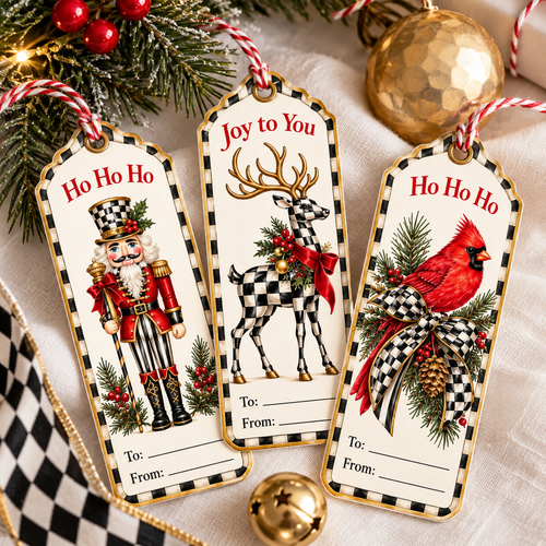 Close-up of three printable Christmas gift tags: Ho Ho Ho nutcracker, Joy to You checkered reindeer and Ho Ho Ho cardinal